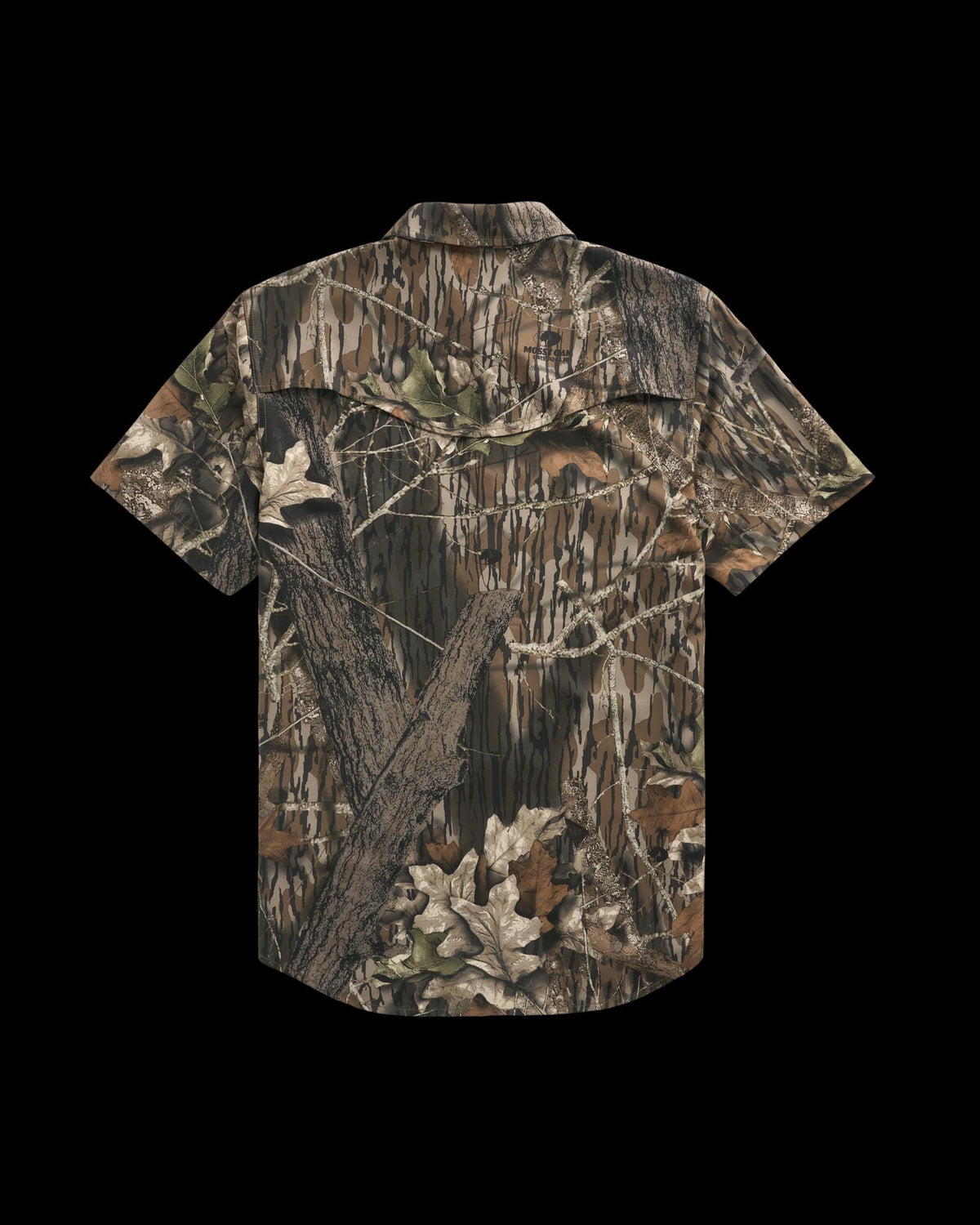 Short-sleeve button-up shirt with a brown, green, and tan camouflage print featuring branches and leaves, shown from the back on a plain white background.
