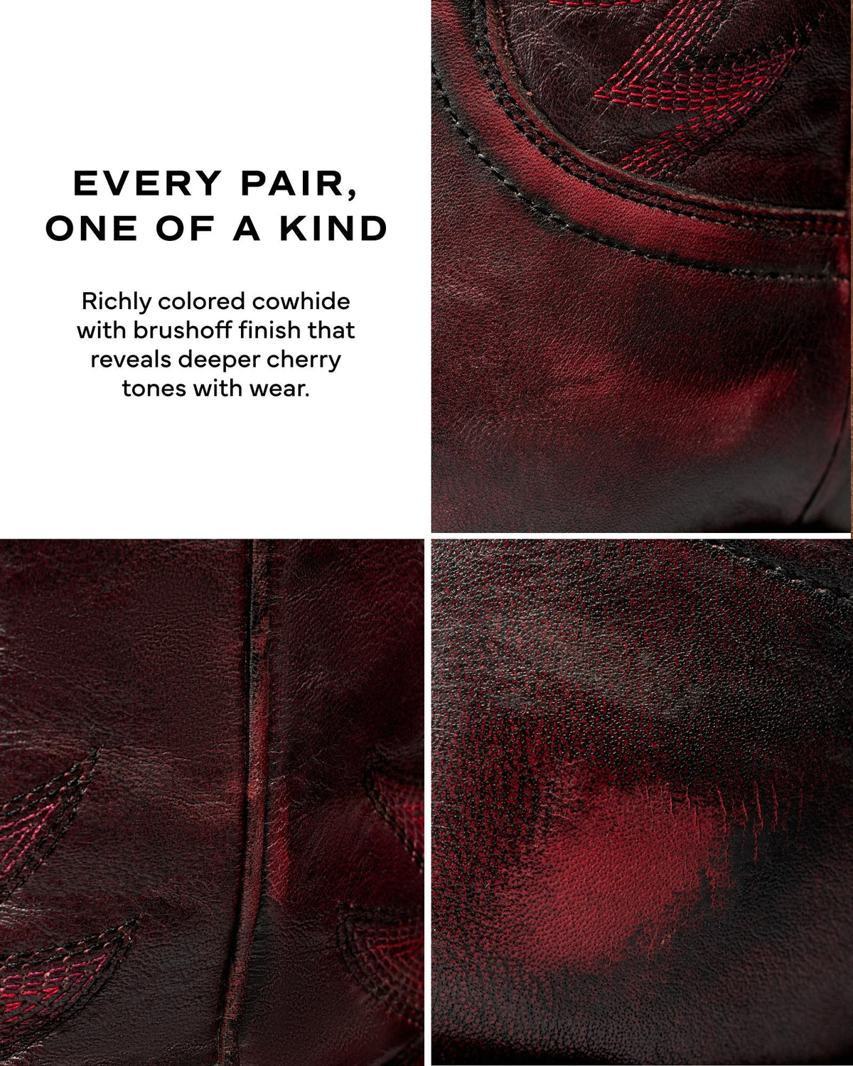 The Annie in Black Cherry Cowhide. A collage showing Black Cherry cowhide leather with a brush-off finish, featuring the text: “Every pair, one of a kind. Richly colored cowhide with brush-off finish that reveals deeper cherry tones.”.
