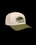 Quarterfront view of Bison Trucker - Cream/Moss on plain background