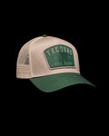 Quarterfront view of Yee Haw 5 Panel High Pro Trucker - Green / Khaki on plain background