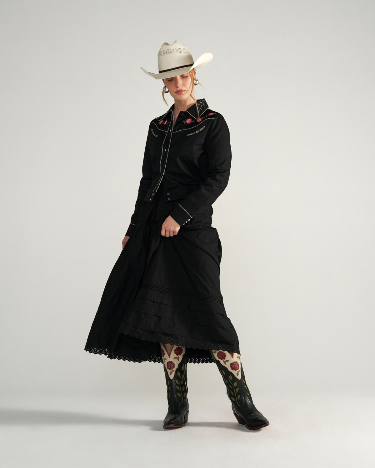 Full view of Women's Embroidered Dolly Jacket - Black on model