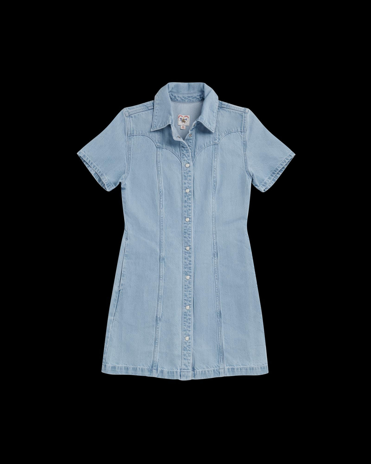 Closeup detail view of Women's Short Sleeve Mini Pearl Snap Dress - Light Wash