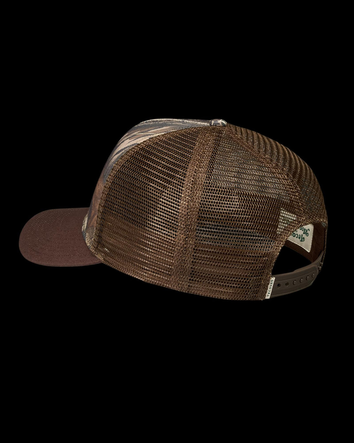 Brown mesh back trucker cap with adjustable snap closure, shown from the rear angle on a plain white background.