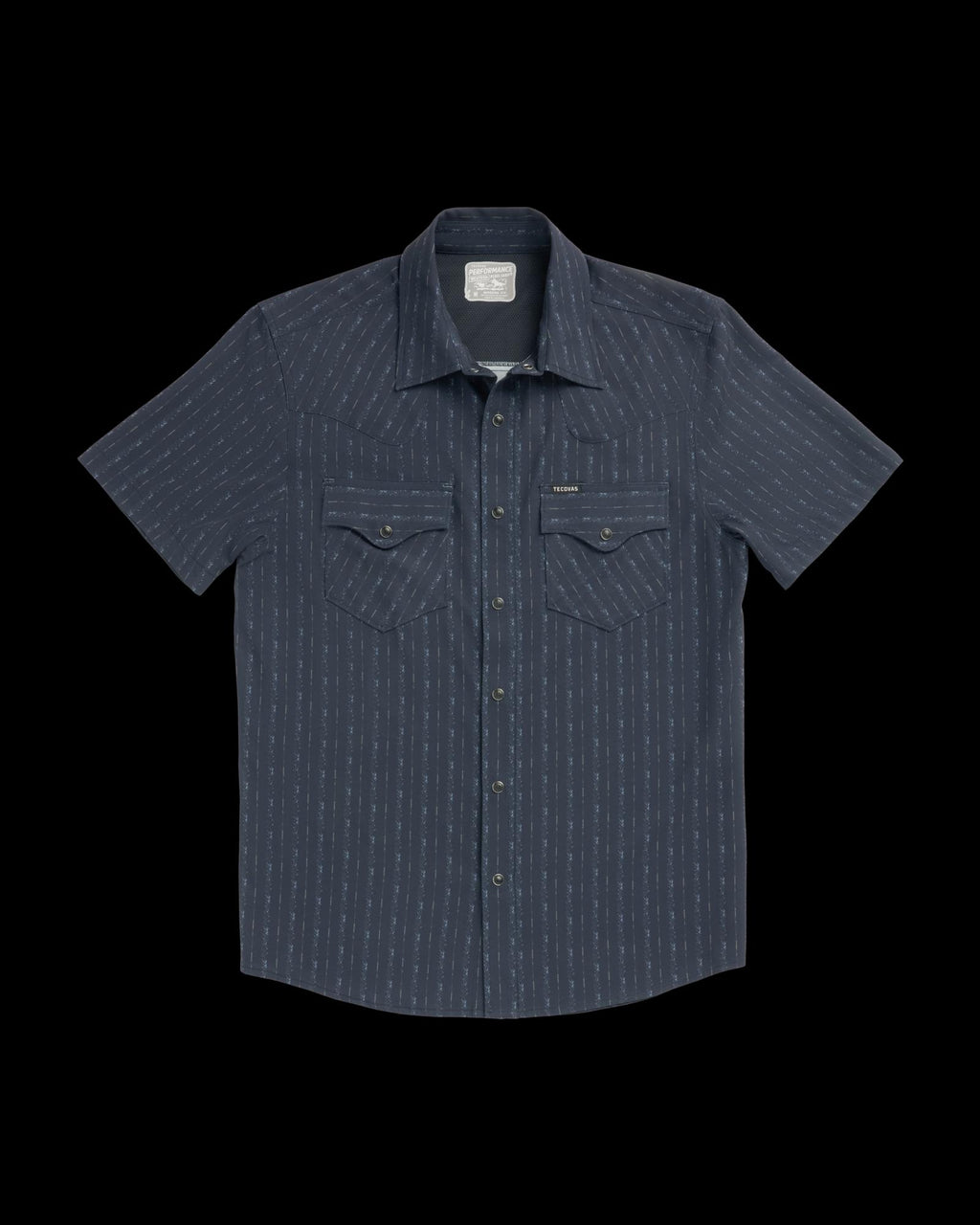 Closeup detail view of Men's Performance Western Short Sleeve Pearl Snap - Dark Navy/Multi