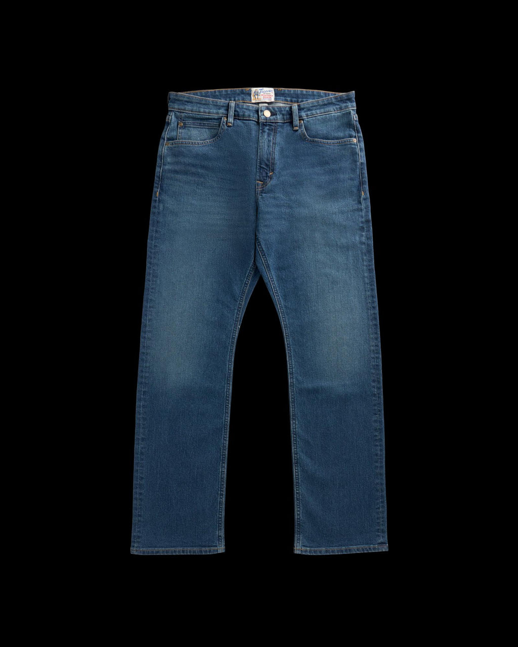Front view of Men's Straight Stretch Denim - Medium Dark on plain background