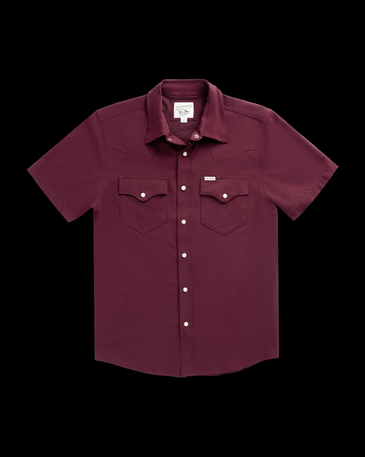 Closeup detail view of Men's Performance Western Short Sleeve Pearl Snap - Maroon