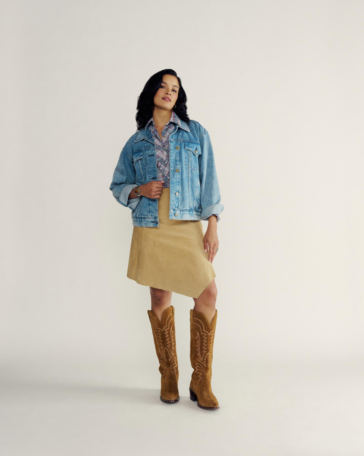 Full view of Women's Denim Trucker Jacket - Medium Wash on model