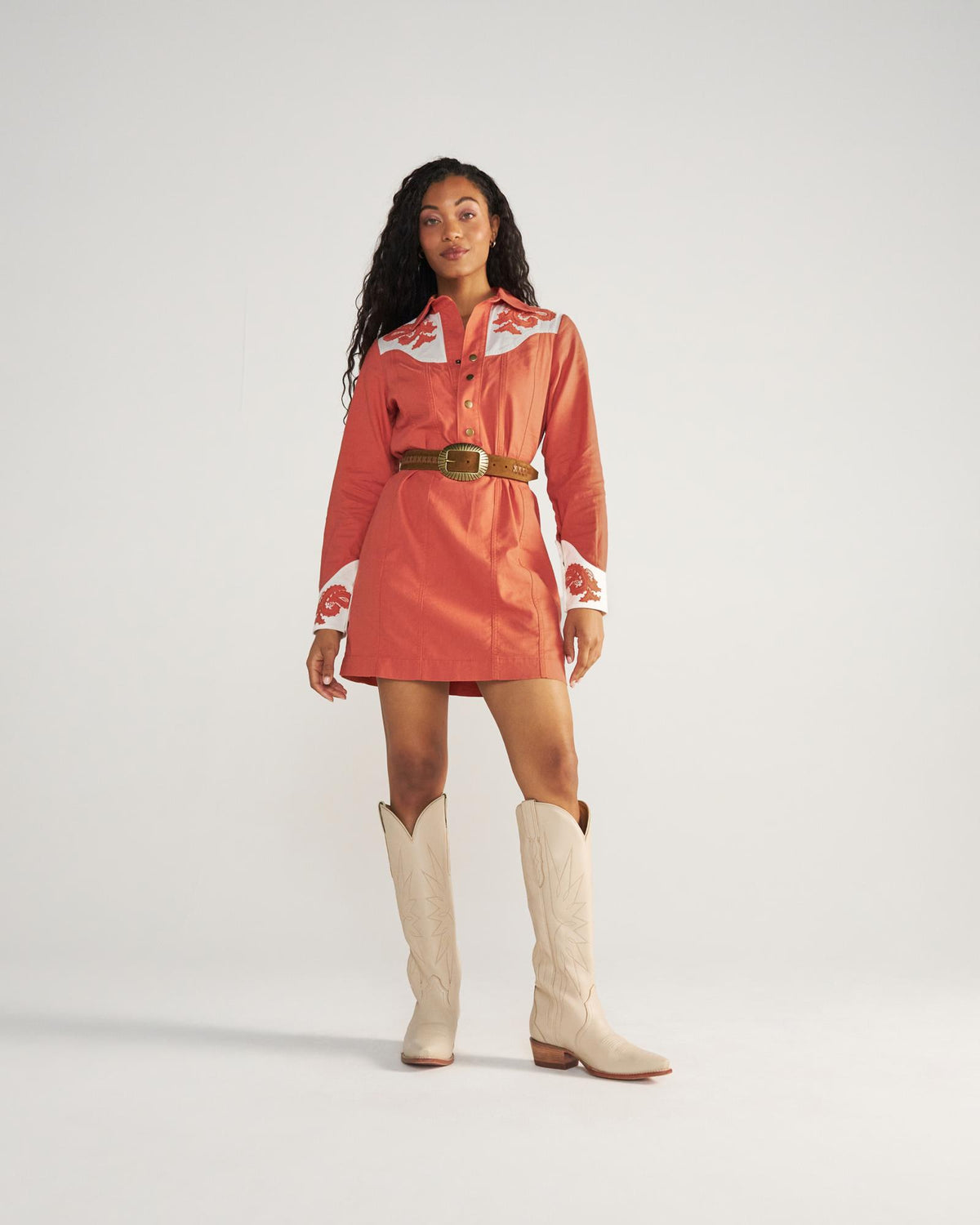 Closeup detail view of Women's L/S Applique Mini Dress - Ginger Spice / Cloud
