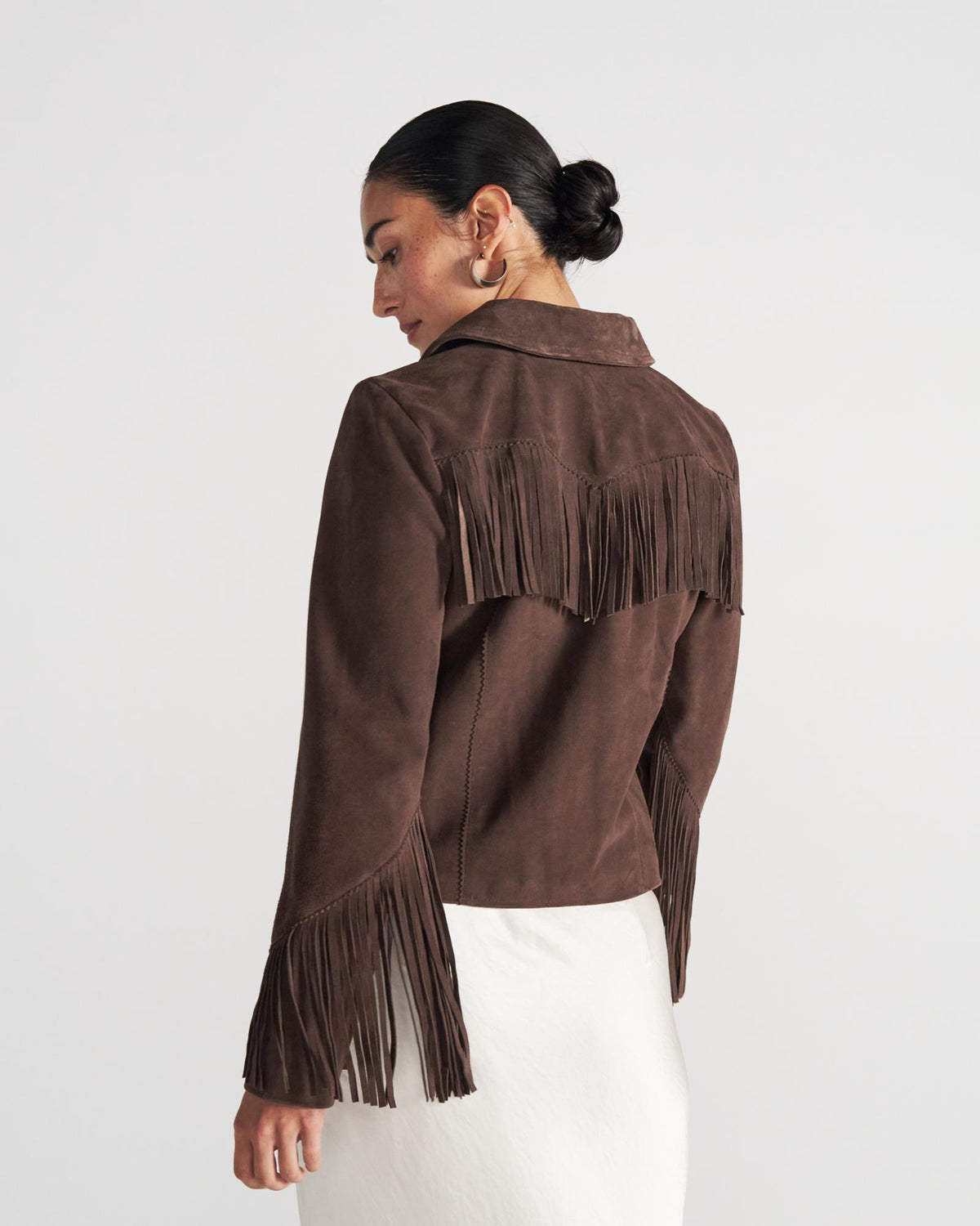 Closeup detail view of Women's Suede Fringe Jacket - Chocolate Brown