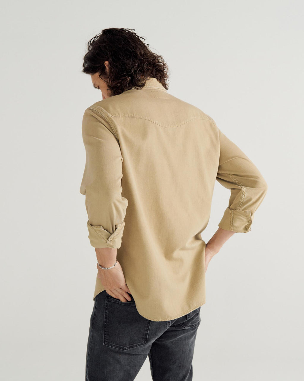 Closeup detail view of Men's Denim Long Sleeve Pearl Snap - Coriander