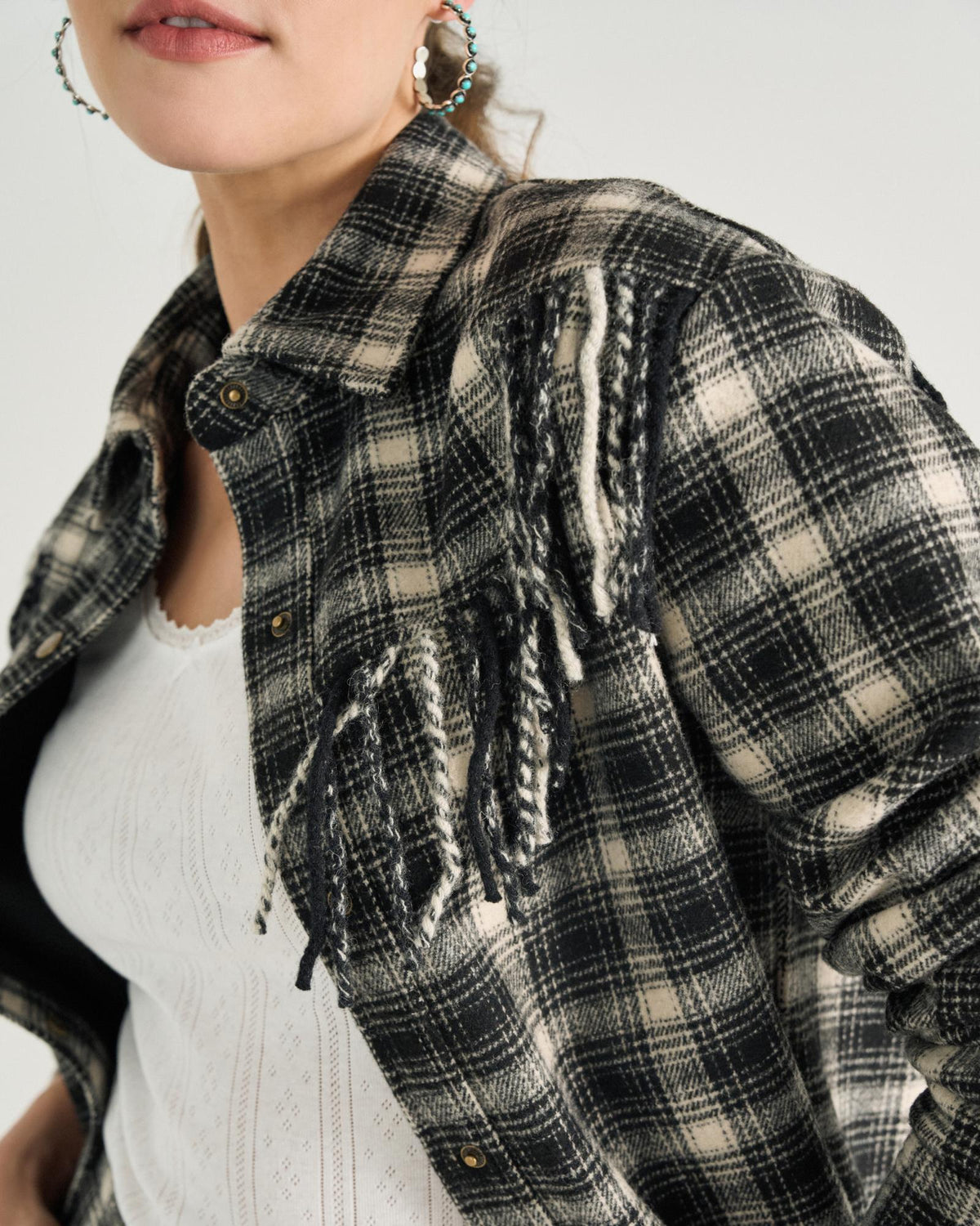Closeup detail view of Women's Plaid Fringe Shacket - Black / White
