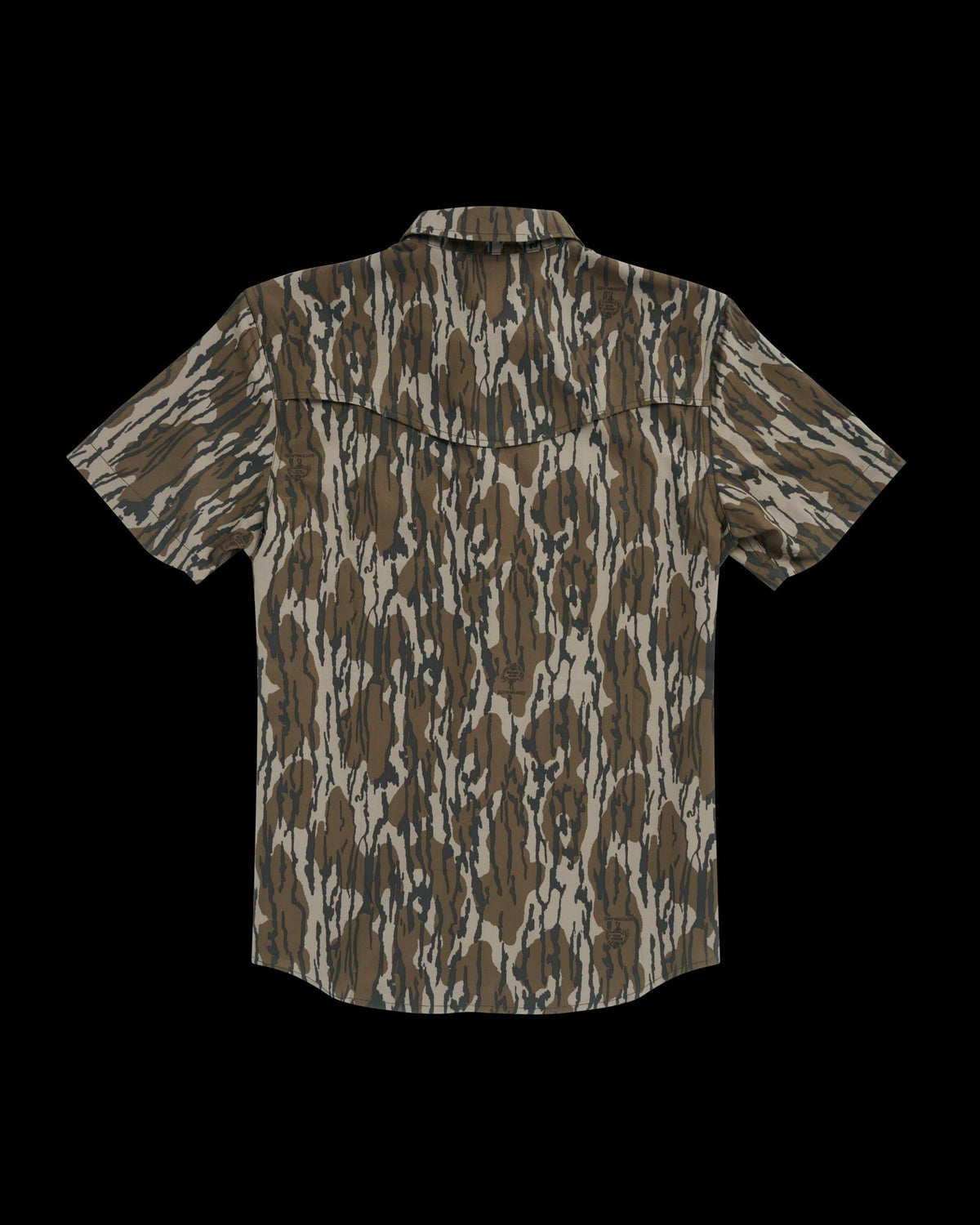 Back view of Men's Tecovas x Mossy Oak Performance Western Short Sleeve - Original Bottomland on plain background