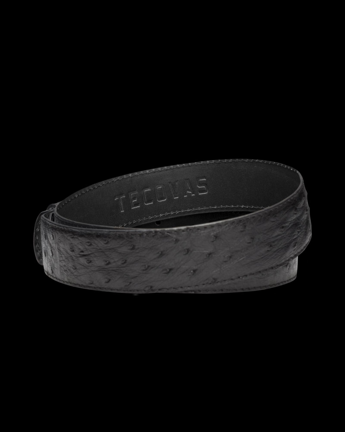 Back view of Men's Ostrich Belt II - Midnight on plain background