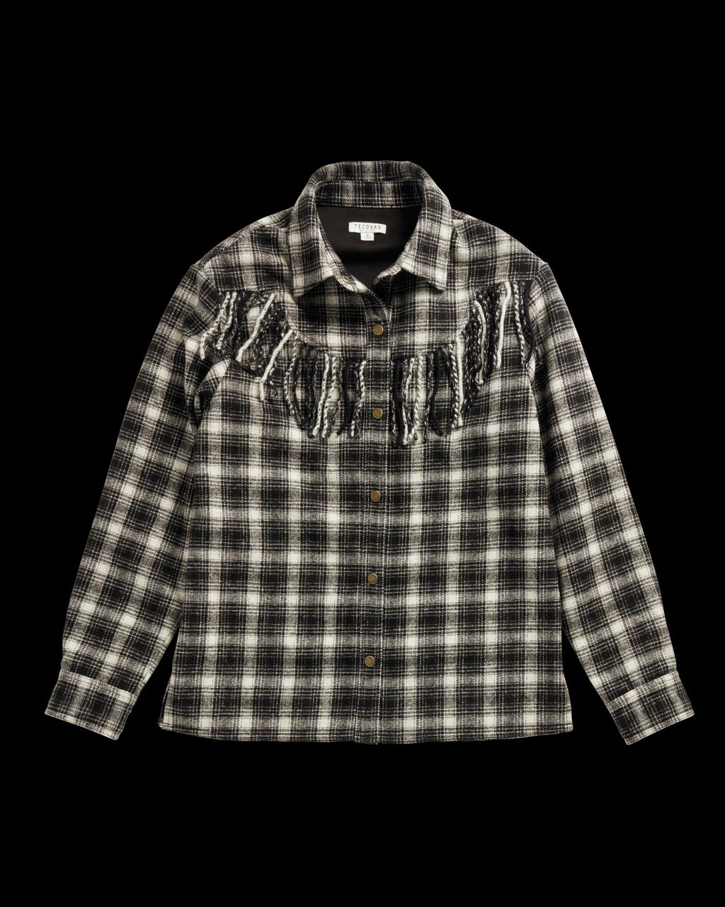 Closeup detail view of Women's Plaid Fringe Shacket - Black / White