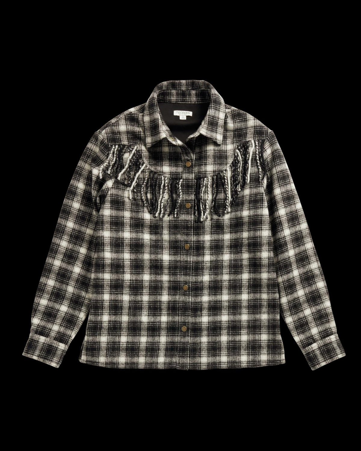 Closeup detail view of Women's Plaid Fringe Shacket - Black / White