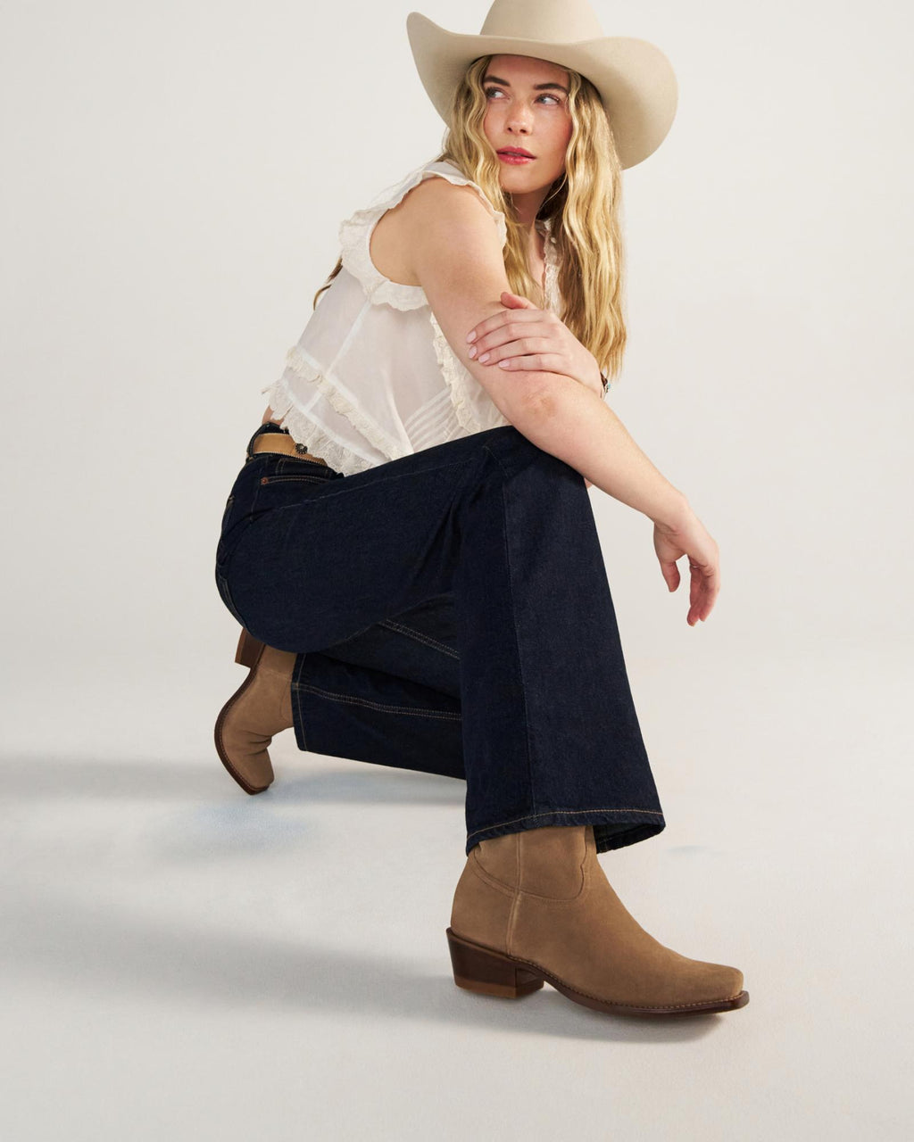 Full view of The Cheyenne - Desert Tan Suede on model