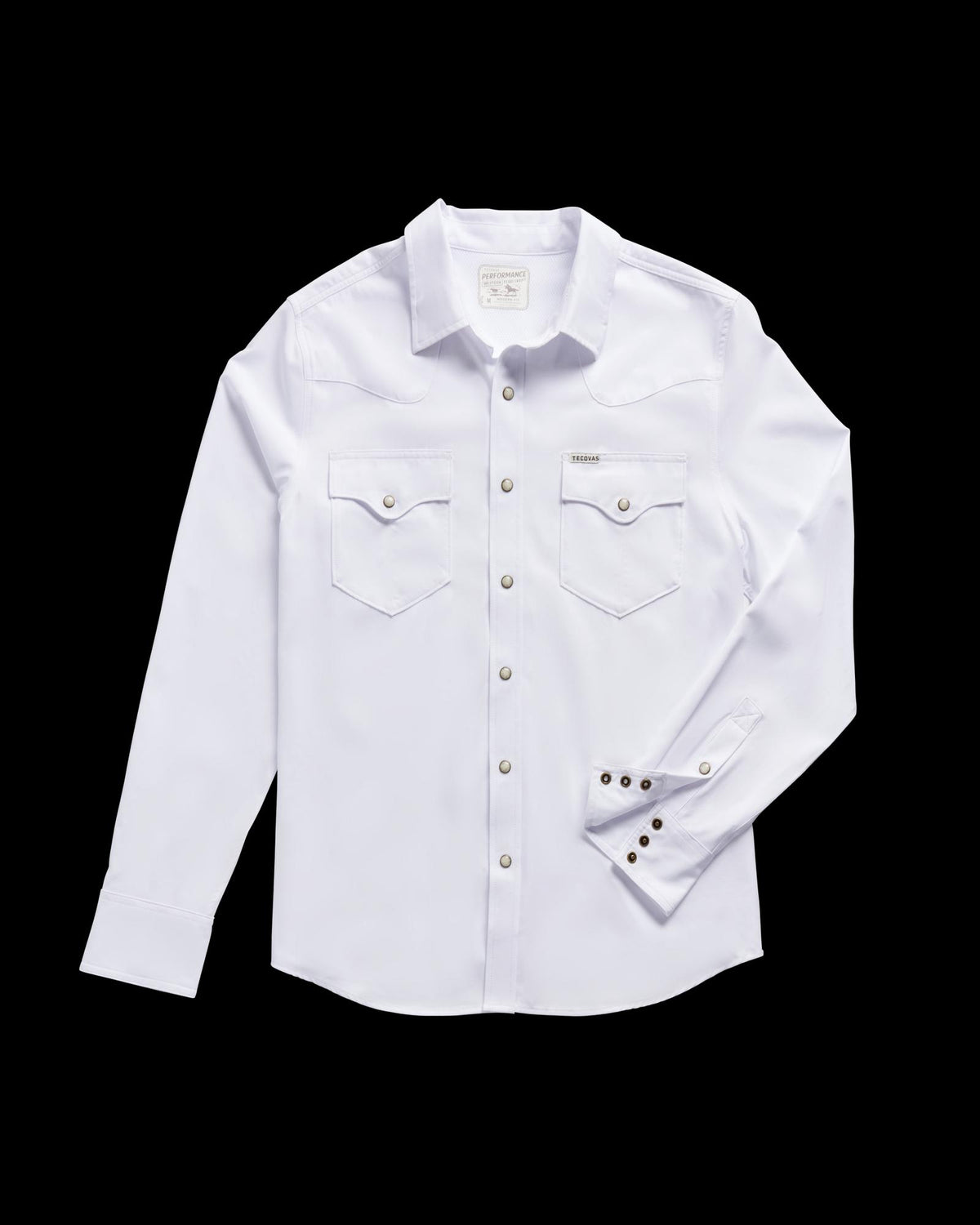 White long-sleeve button-up shirt with two chest pockets and buttoned cuffs.