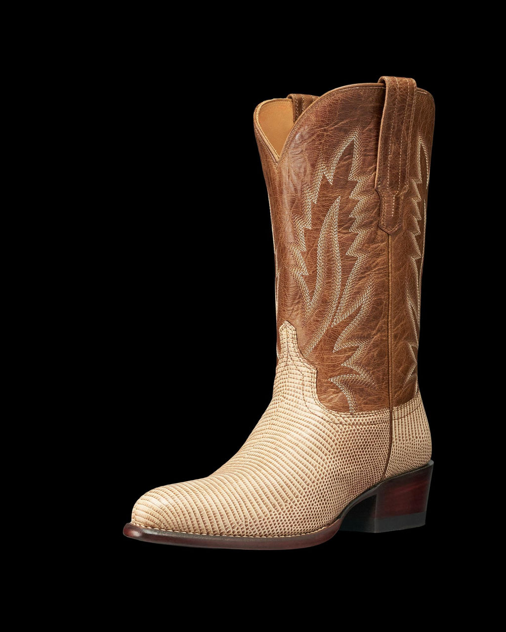 Quarterfront view of The Jamie - Heritage Tan Lizard on plain background