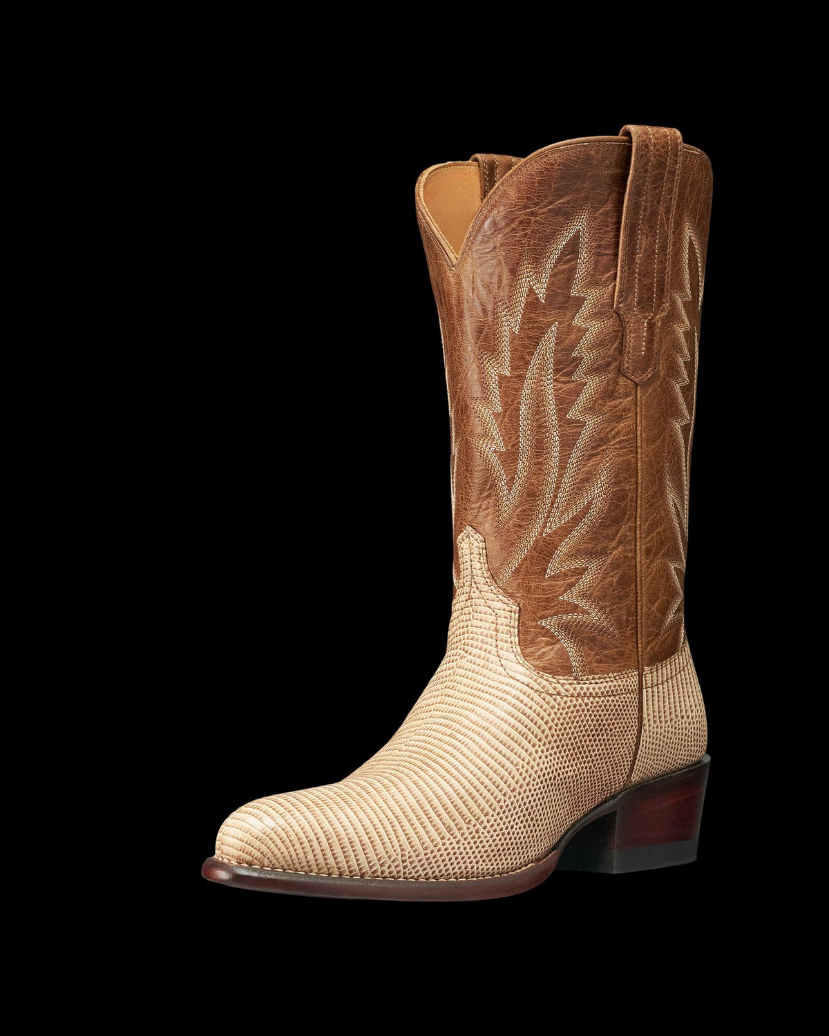 Quarterfront view of The Jamie - Heritage Tan Lizard on plain background