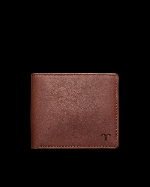 Brown leather wallet with a small embossed logo on the lower right corner, displayed against a plain black background.
