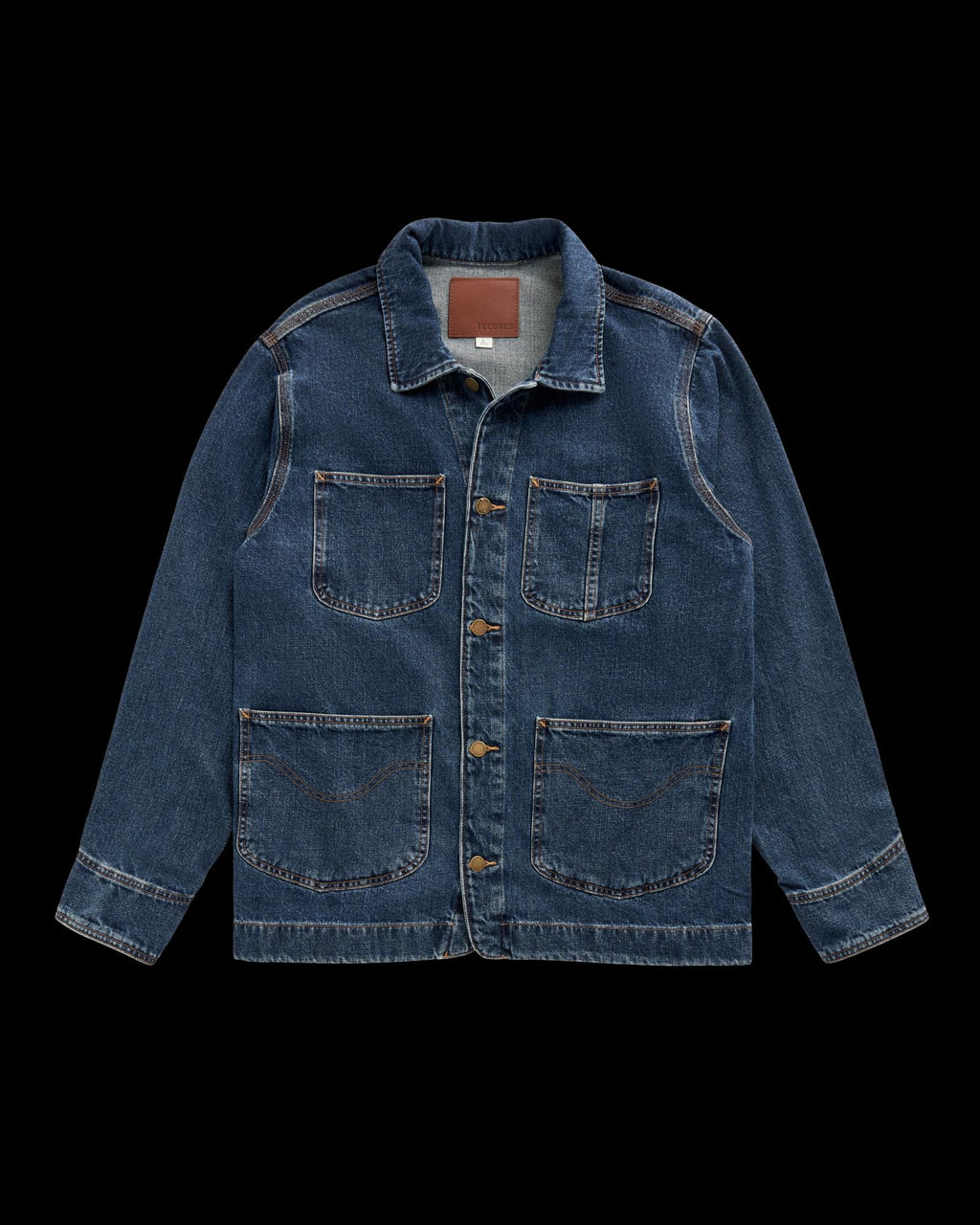 Blue denim chore jacket with four front pockets, button closure, and contrast stitching, displayed flat against a light background.
