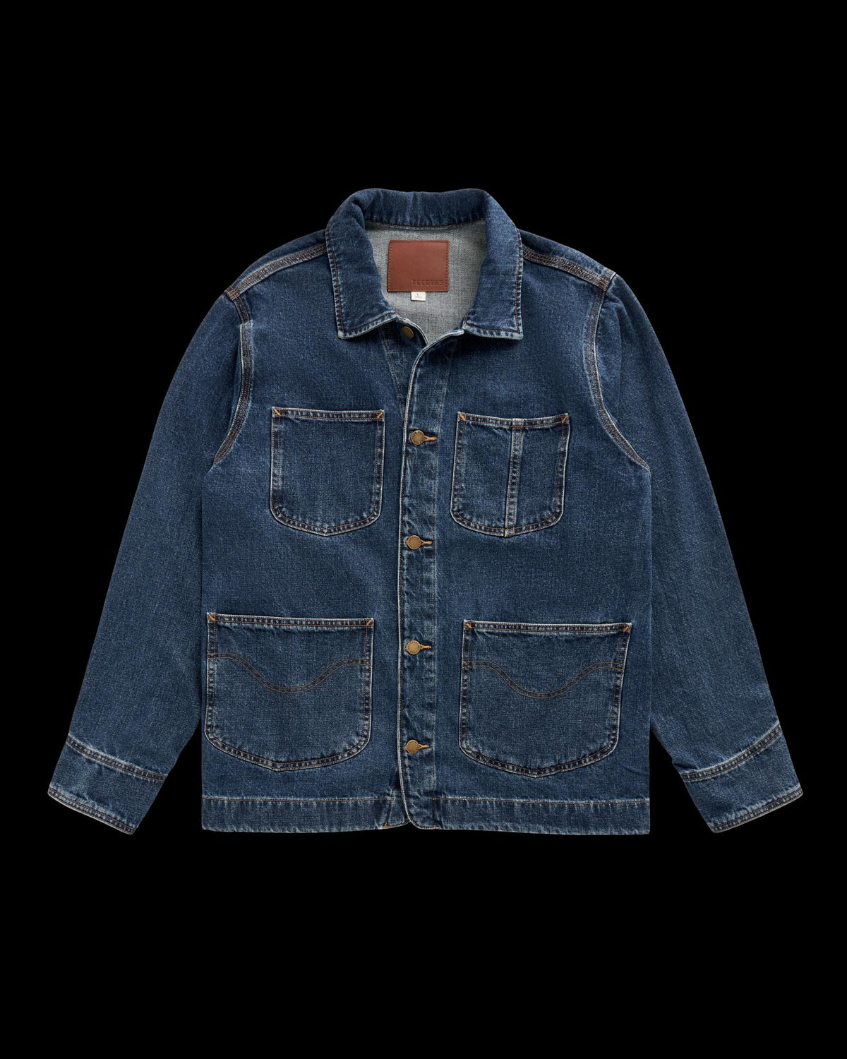 Blue denim chore jacket with four front pockets, button closure, and contrast stitching, displayed flat against a light background.
