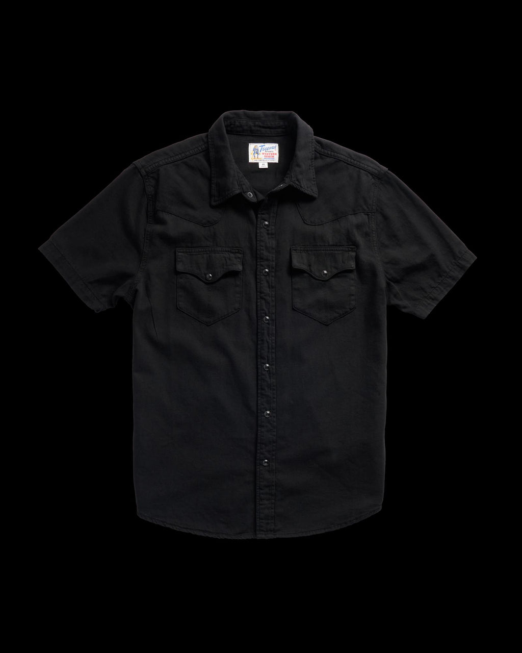 Closeup detail view of Men's Denim Pearl Snap SS - Black