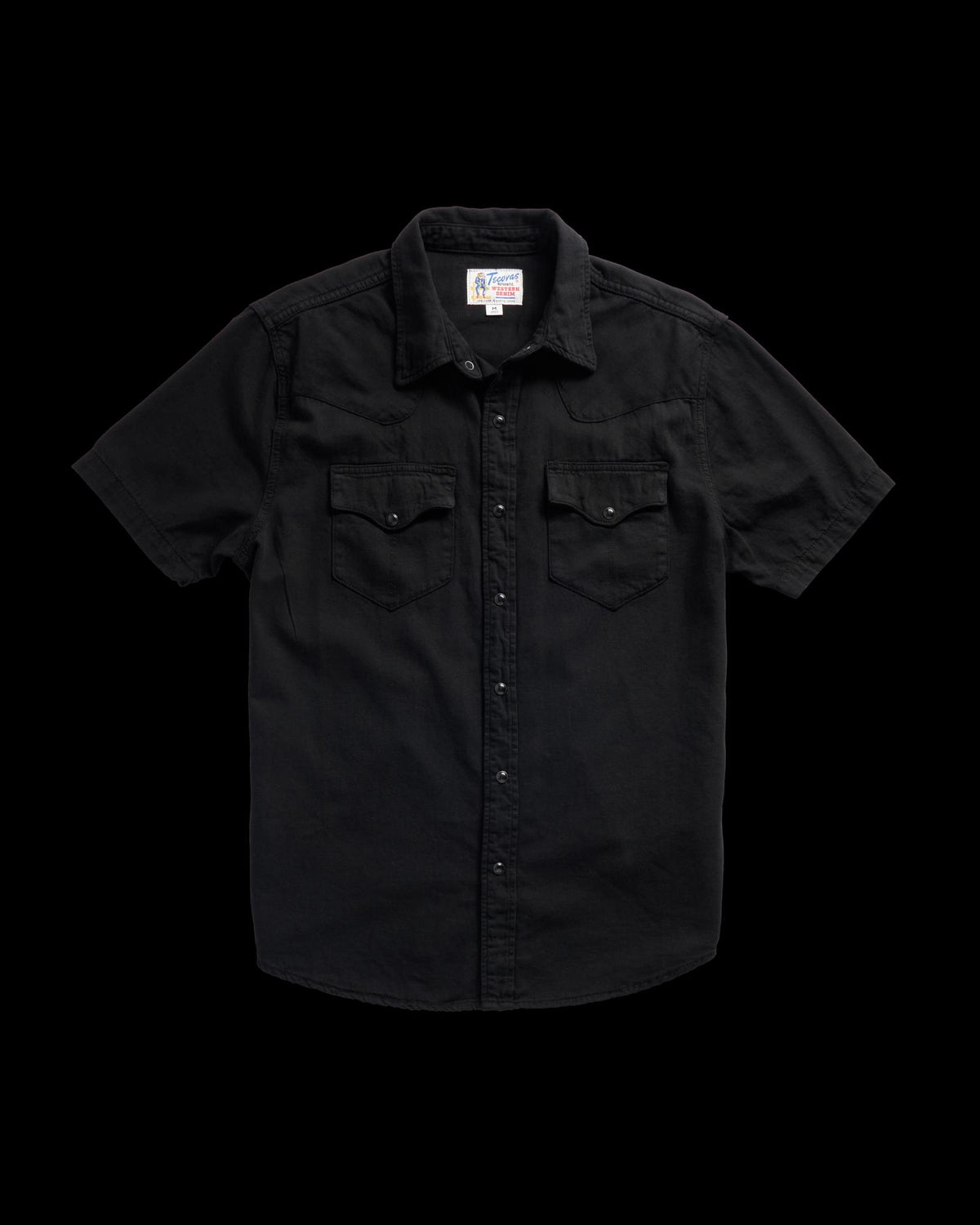 Closeup detail view of Men's Denim Pearl Snap SS - Black
