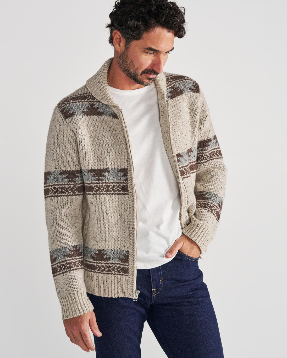 Front view of Men's Bison Zip Sweater - Oatmeal/Multi on model
