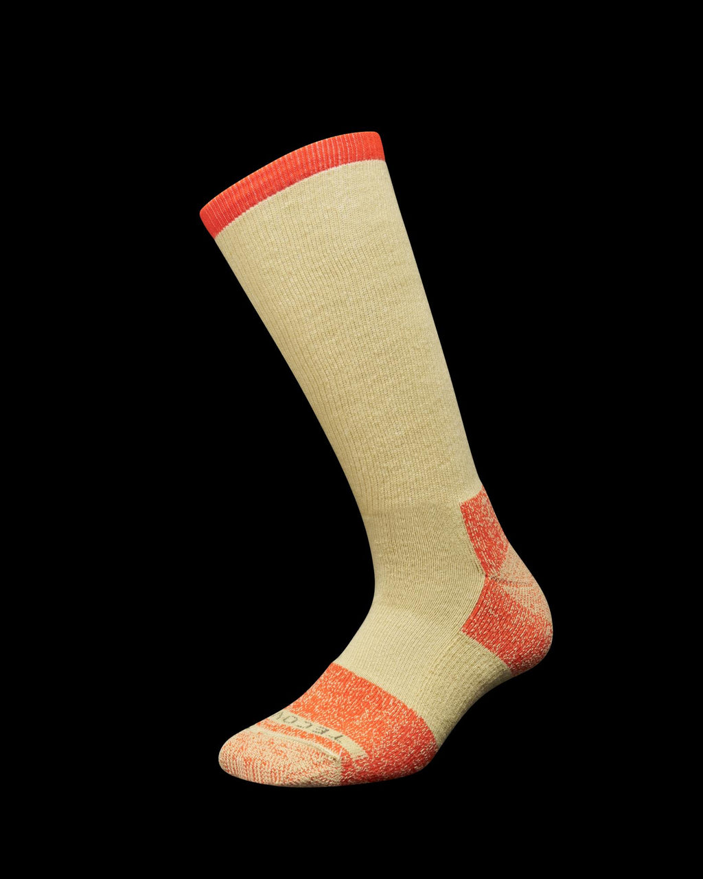 A single beige sock with orange-red accents on the toe, heel, and cuff, displayed against a black background.