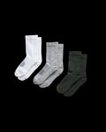Quarterfront view of Crew Socks (3-Pack) - White / Green / Light Gray on plain background
