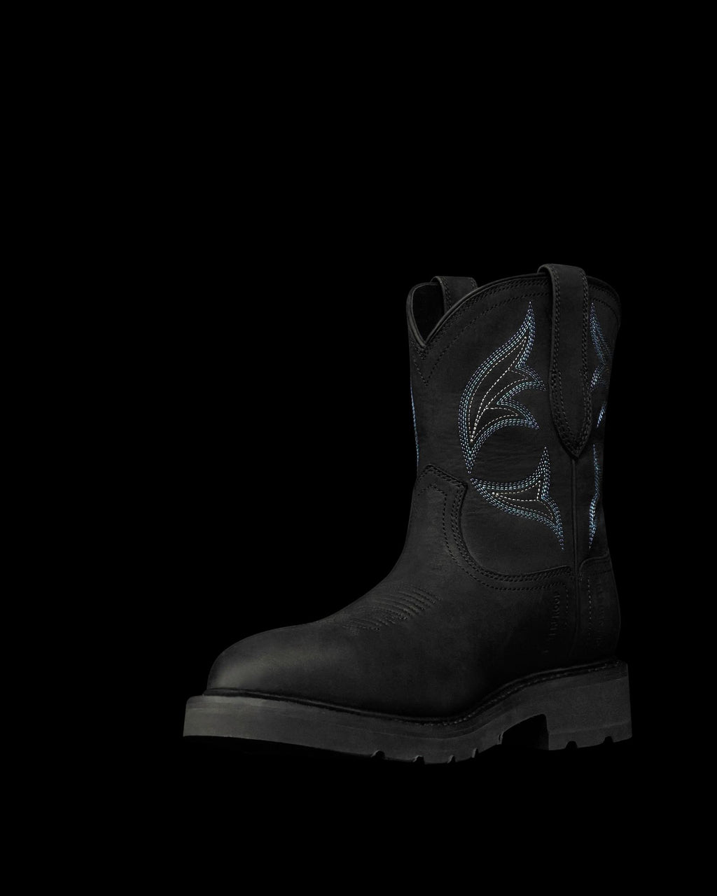Quarterfront view of The LH WP Round Comp Toe Work Boot - Midnight Cowhide on plain background