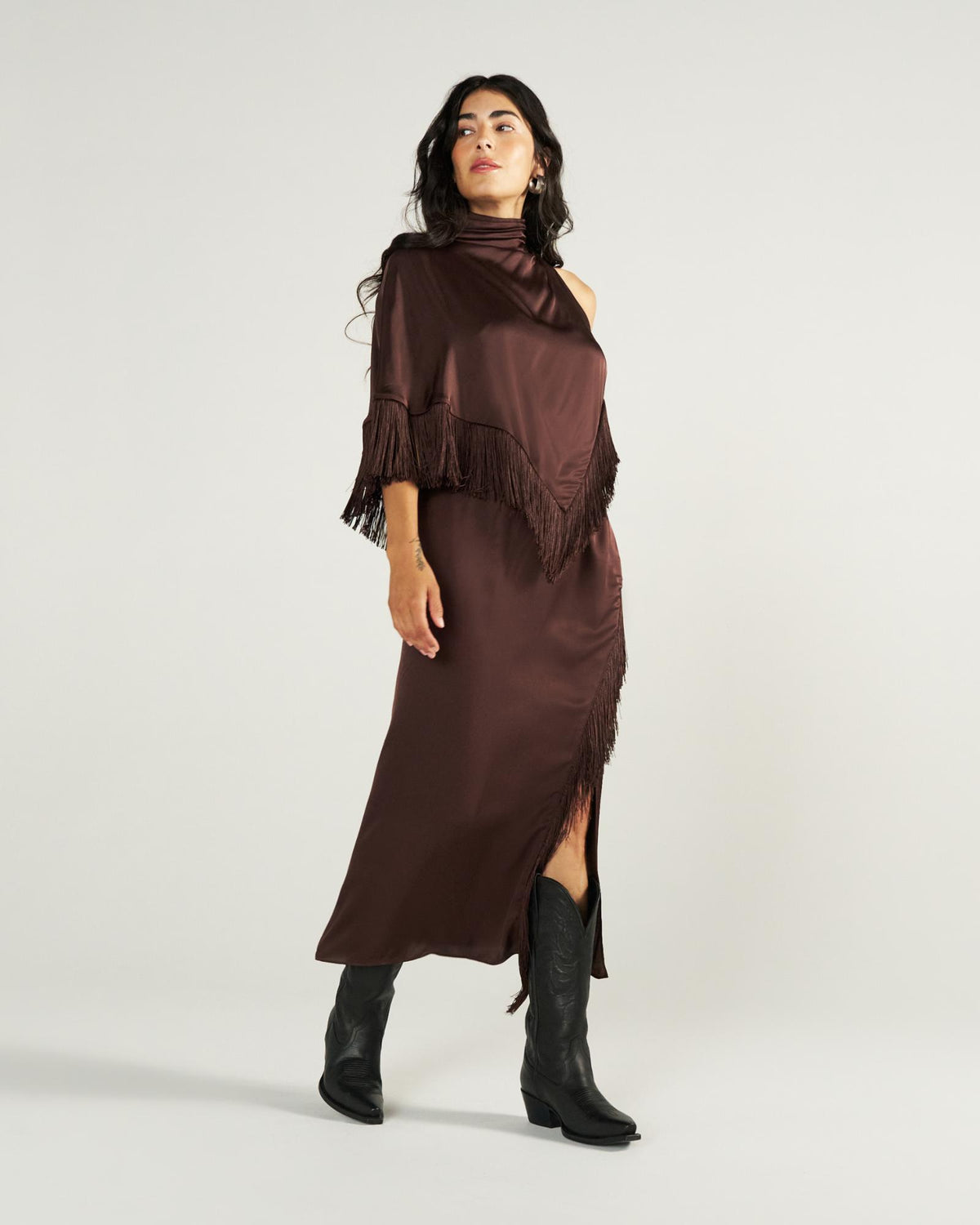 Closeup detail view of Women's Fringe Midi Skirt - Espresso