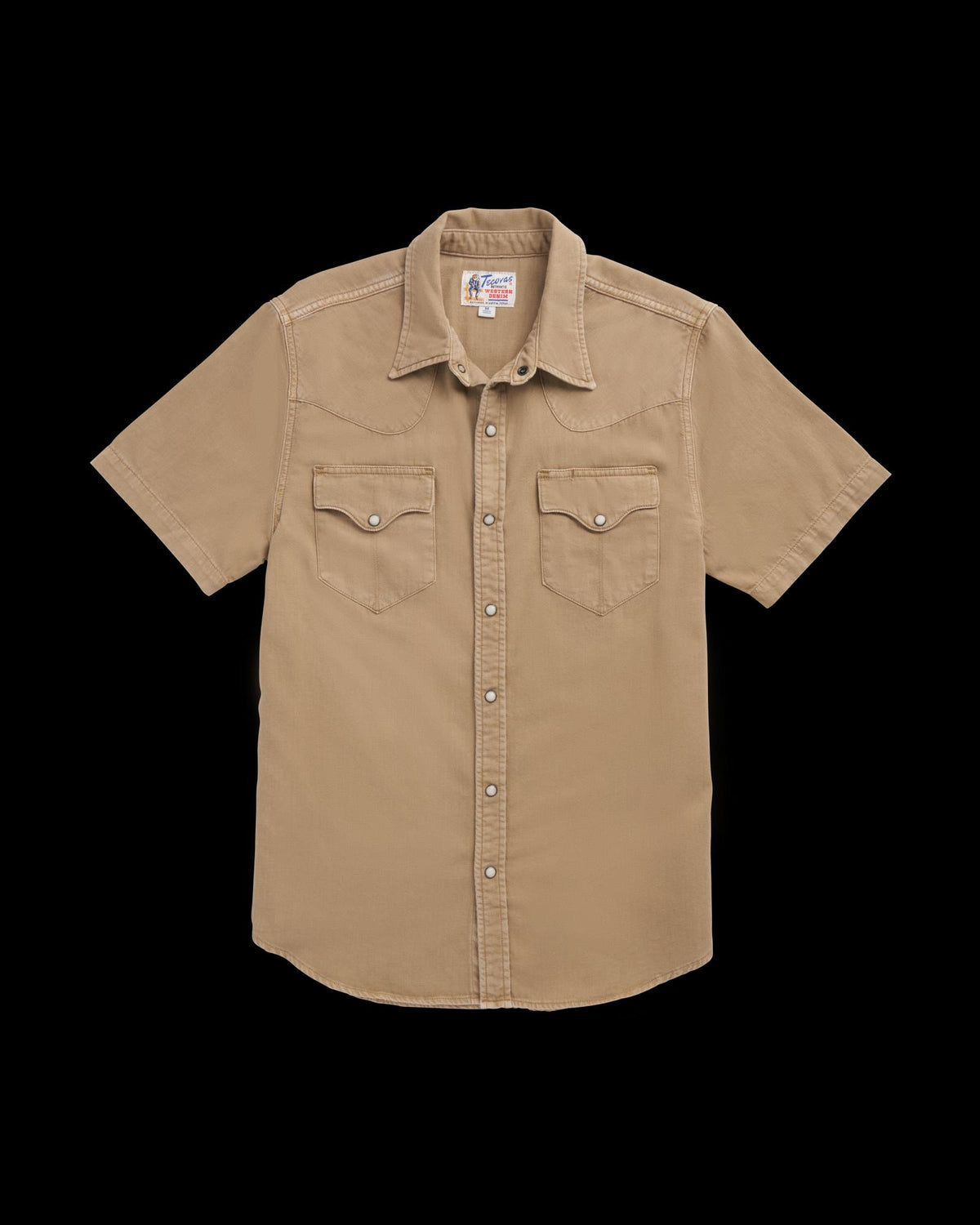 Closeup detail view of Men's Denim Short Sleeve Pearl Snap - Coriander