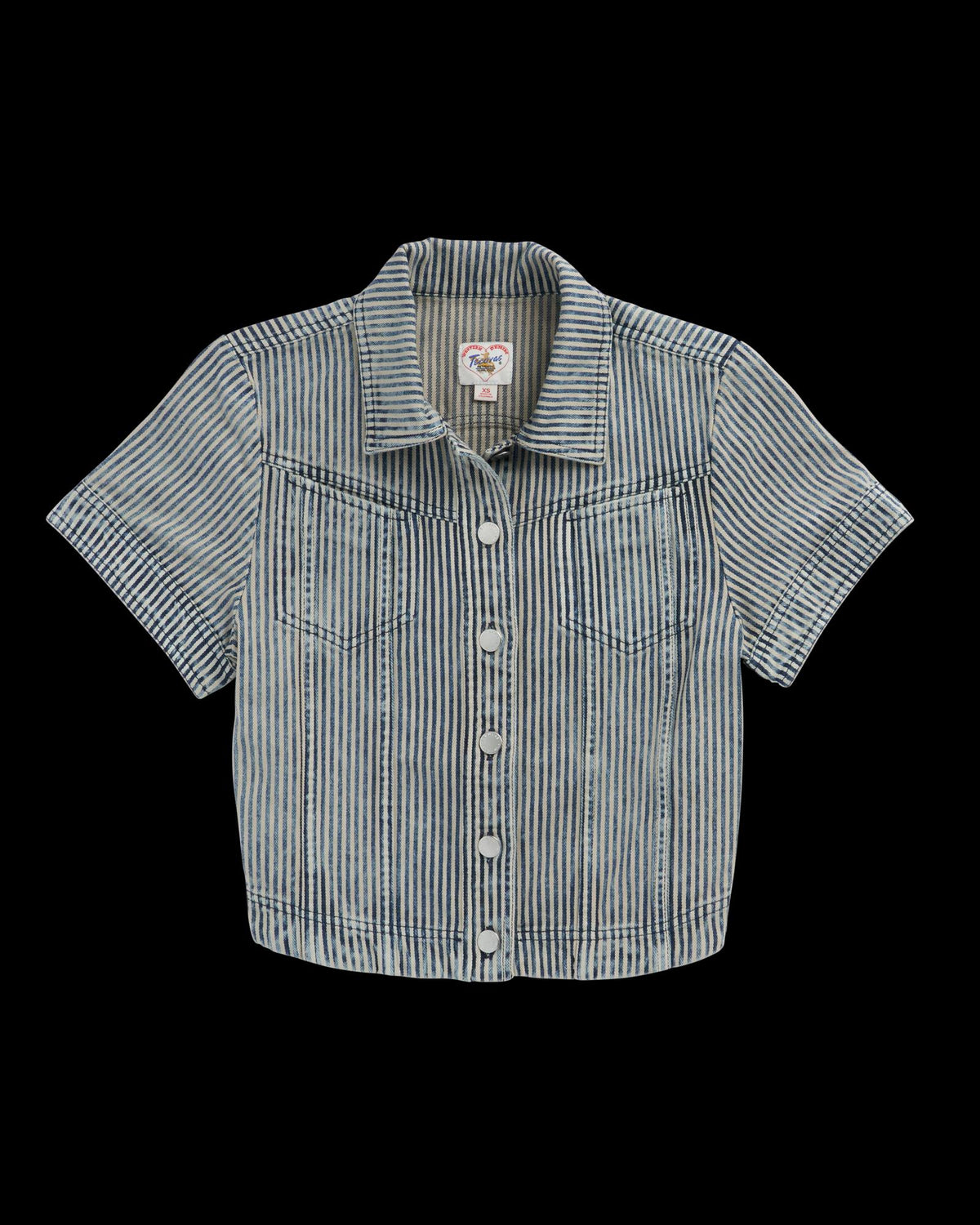 Top view of Women's S/S Denim Top - Blue / White on plain background