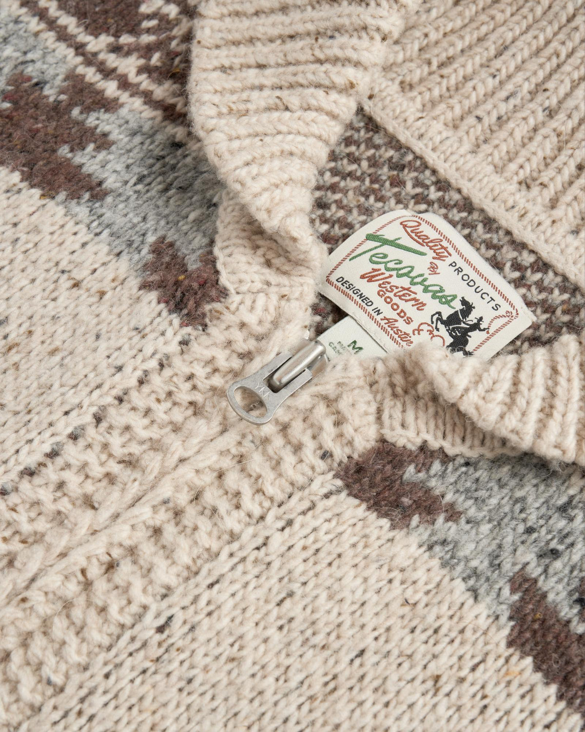 Closeup detail view of Men's Bison Zip Sweater - Oatmeal/Multi