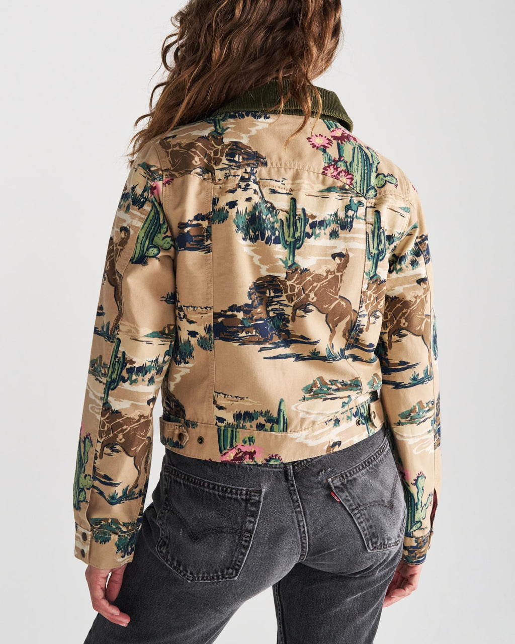 Back view of Women's Western Mechanic's Jacket - Tan on model