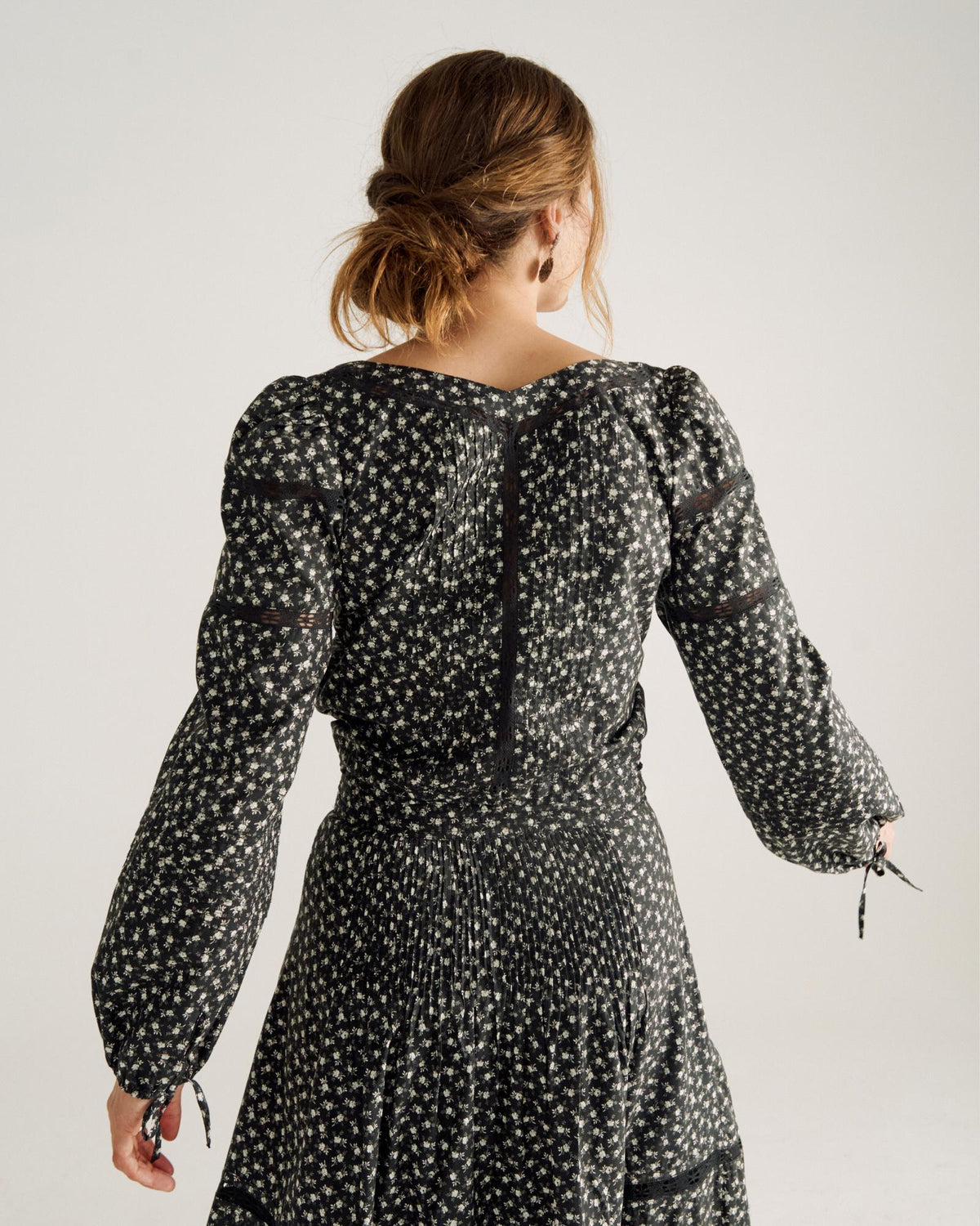 Back view of Women's Long Sleeve Cotton Poplin Top - Black / White on model