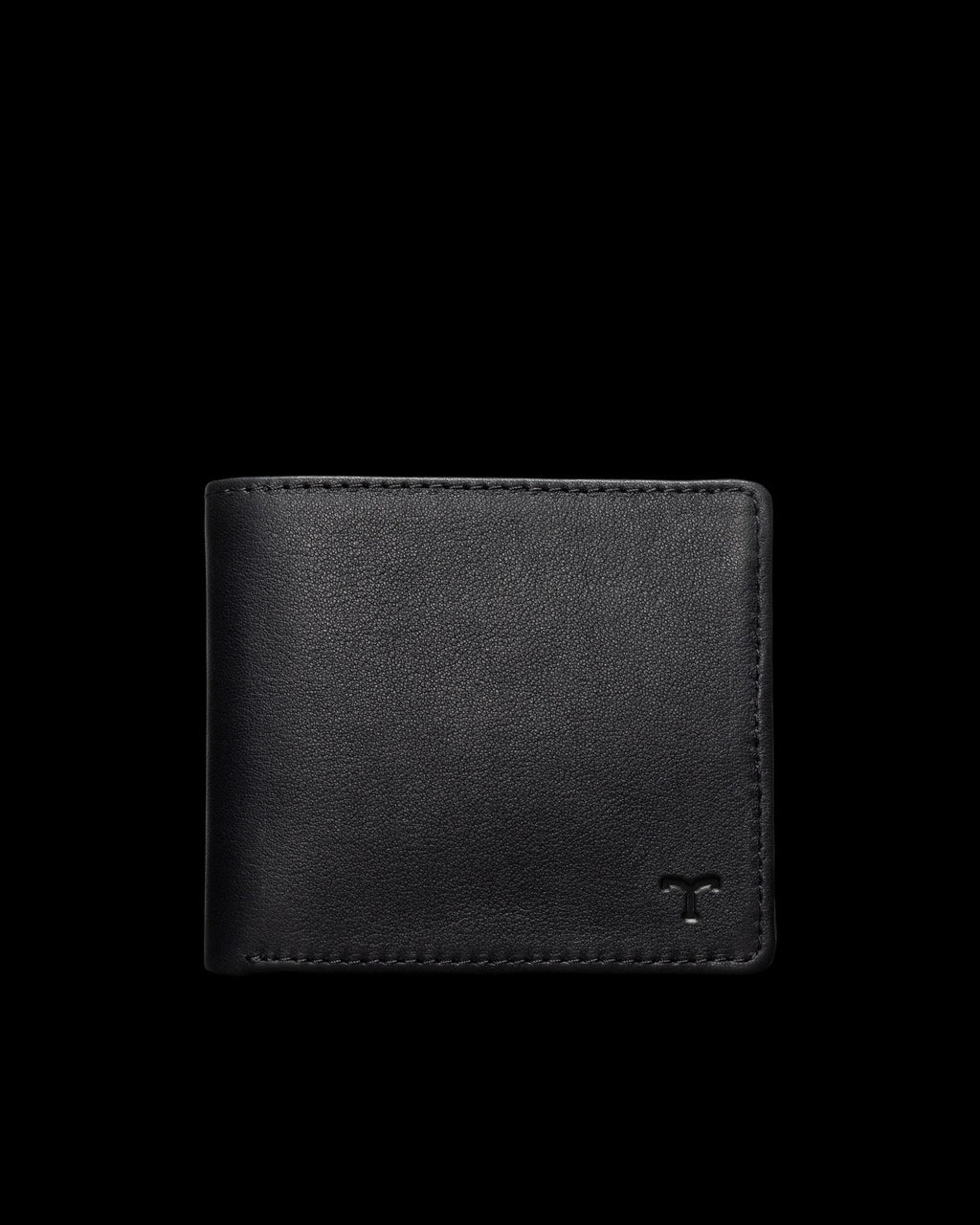 Black leather wallet with a small logo in the bottom right corner, shown against a plain background.