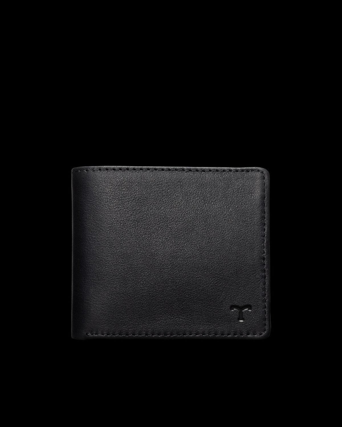 Black leather wallet with a small logo in the bottom right corner, shown against a plain background.