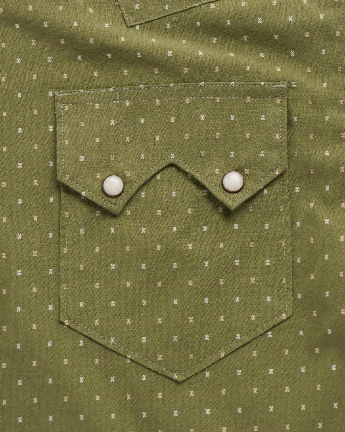 Closeup detail view of Men's Star Stitch Pearl Snap - Sage