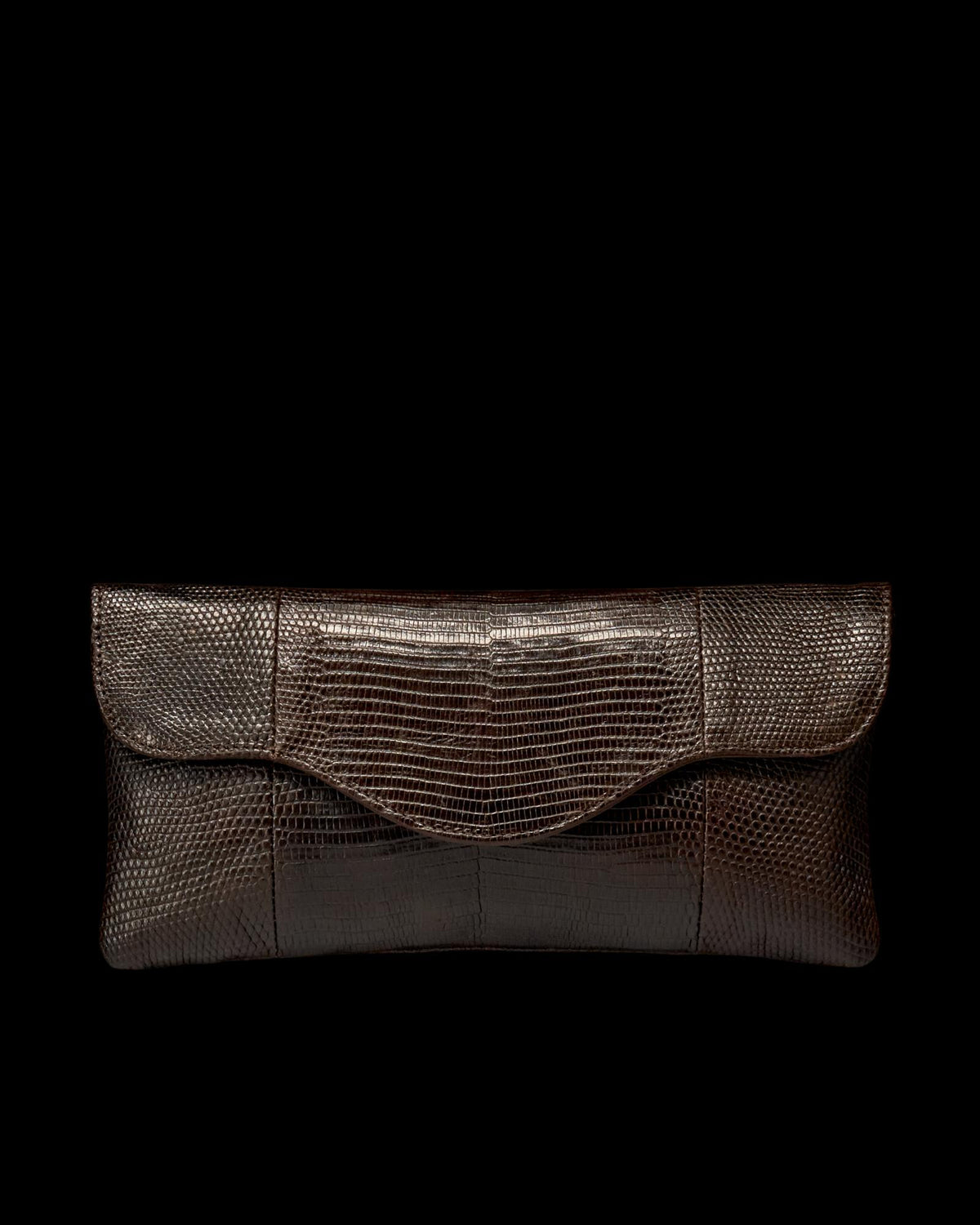 Front view of Lizard Clutch - Coffee on plain background