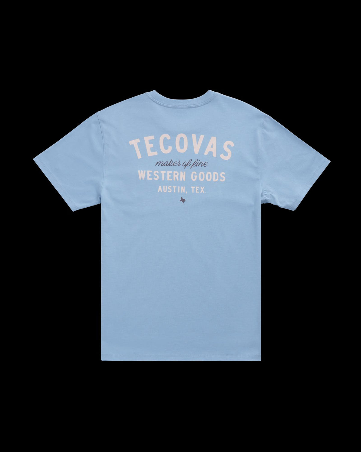 Light blue short-sleeve t-shirt with “Tecovas maker of fine Western Goods Austin, Tex” printed in white and beige text on the back.