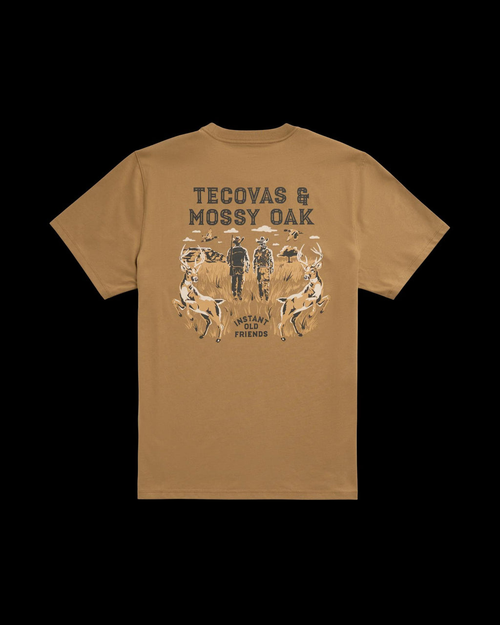 Back view of Men's Tecovas x Mossy Oak Cowboys & Deer T-Shirt - Olivewood on plain background