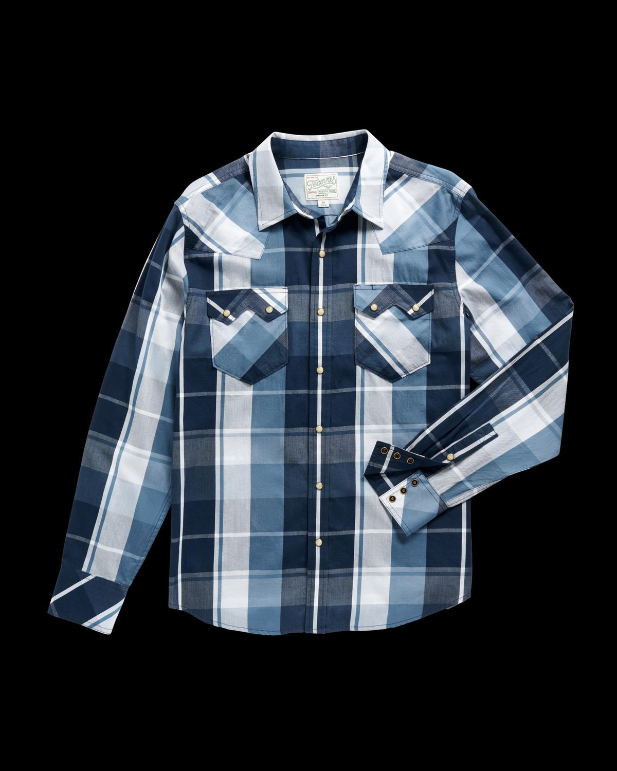 Blue and white plaid long-sleeve button-up shirt with two front pockets and pearl snap buttons, laid flat on a white background.