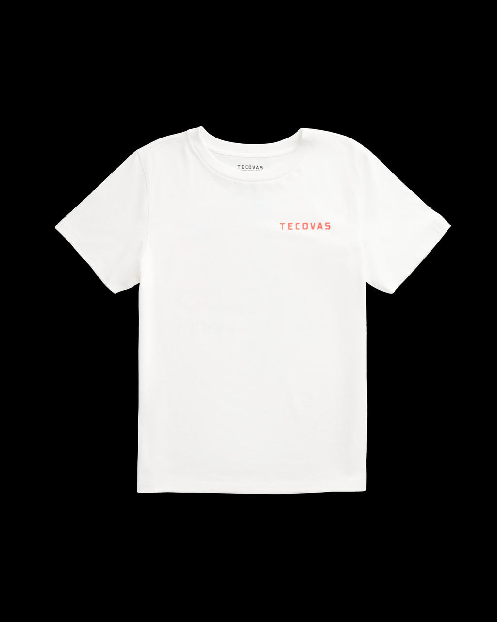 A plain white short-sleeve T-shirt with "TECOVAS" printed in small red letters on the upper left chest.