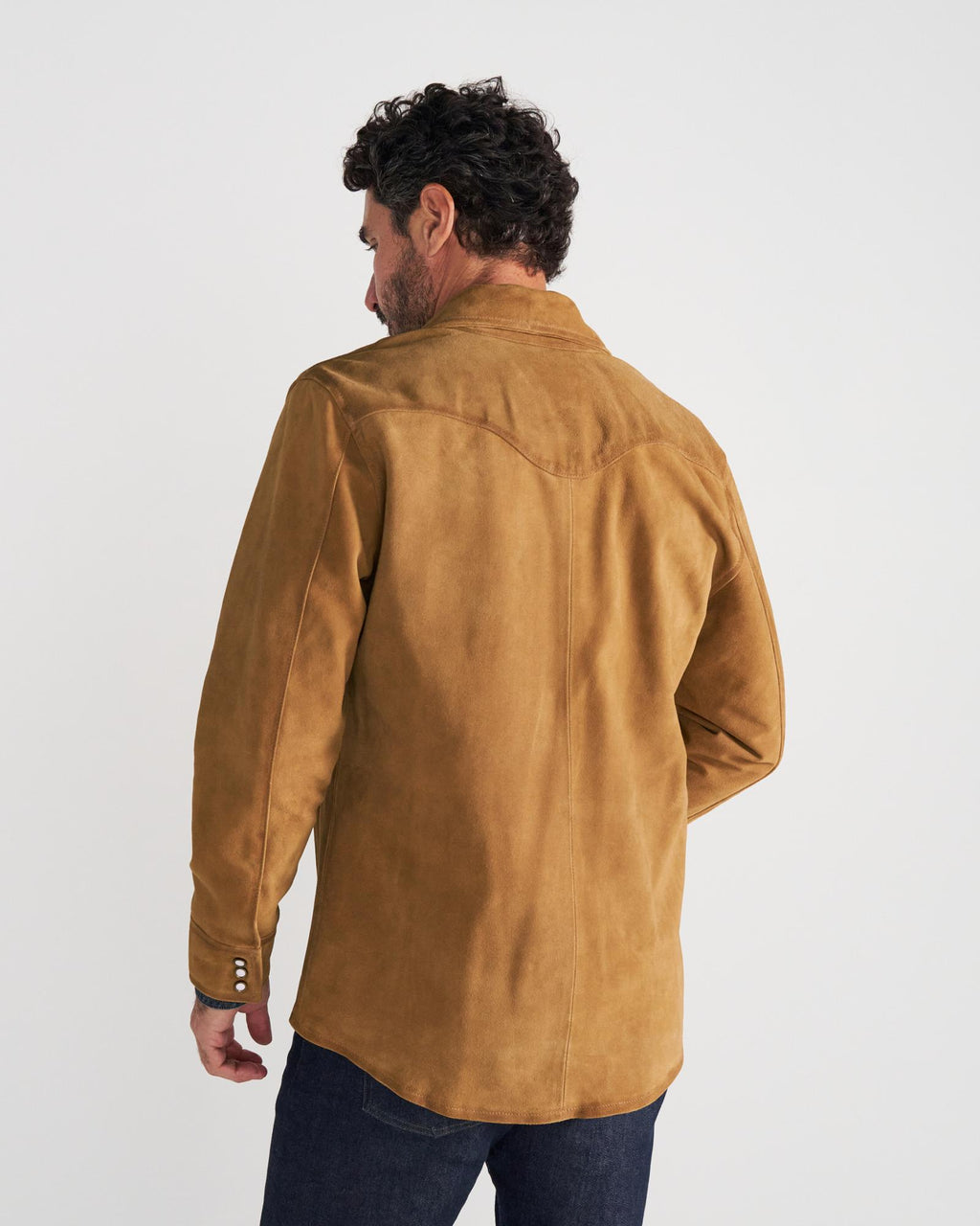 Back view of Men's Roughout Overshirt - Camel on model