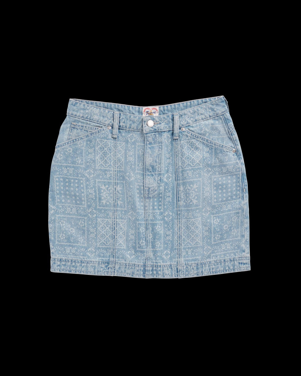 Front view of Women's High-Rise Denim Mini Skirt - Blue Bandana on plain background