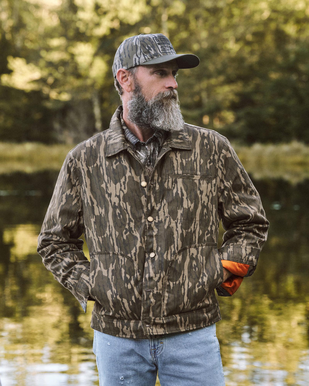 View of Men's Tecovas x Mossy Oak Waxed Ranch Jacket - Original Bottomland