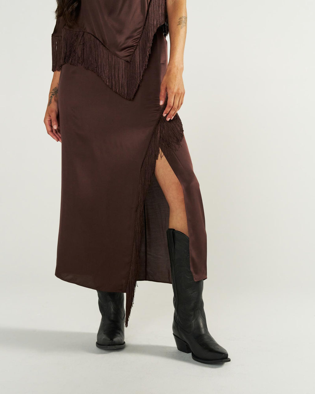 Closeup detail view of Women's Fringe Midi Skirt - Espresso